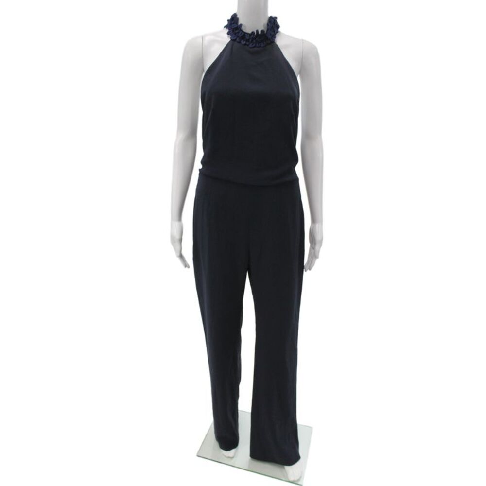 Galvan London Womens Blue Halter Fringe Jumpsuit Size 8